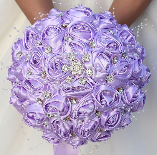 Bridal Wedding Bouquet Round Bling Brooch Bouquet Throw Toss Artificial Rose Flower Bunch for Bride Bridesmaid Wedding Quinceanera(Light Purple, 9.8")