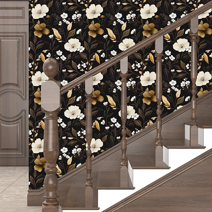 Black Gold Floral Wallpaper Peel and Stick 17.4" X 118" Golden Leaf Small Flower Contact Paper Floral Pattern Removable Self Adhesive Covering for Bedroom Cabinet Bathroom Home Decor Black Dark