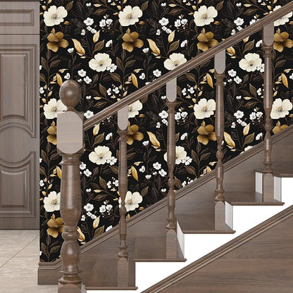 Black Gold Floral Wallpaper Peel and Stick 17.4" X 118" Golden Leaf Small Flower Contact Paper Floral Pattern Removable Self Adhesive Covering for Bedroom Cabinet Bathroom Home Decor Black Dark