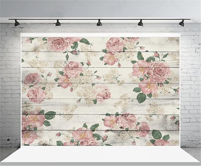 AOFOTO 7x5ft Vintage Wood Plank with Rose Floral Photography Backdrop Retro Pink Roses on Wooden Board Rustic Wedding Background Lady Woman Artistic Portrait Valentine's Day Photoshoot Studio Props