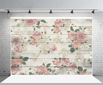 AOFOTO 5x3ft Vintage Wooden Board with Rose Floral Photography Background Retro Wood Plank Backdrop Flat Lay Old Hardwood Floor Baby Newborn Infant Portrait Photo Shoot Studio Props Vinyl Wallpaper
