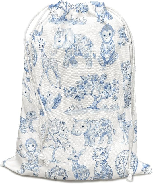 DSHFG Blue Birthday Drawstring Gift Wrap Bags, Safari Toile Chinoiserie Animals Baby Shower Drawstring Gift Bags Canvas, Blue and White Small Happy Birthday Bag, 10x13 Inch