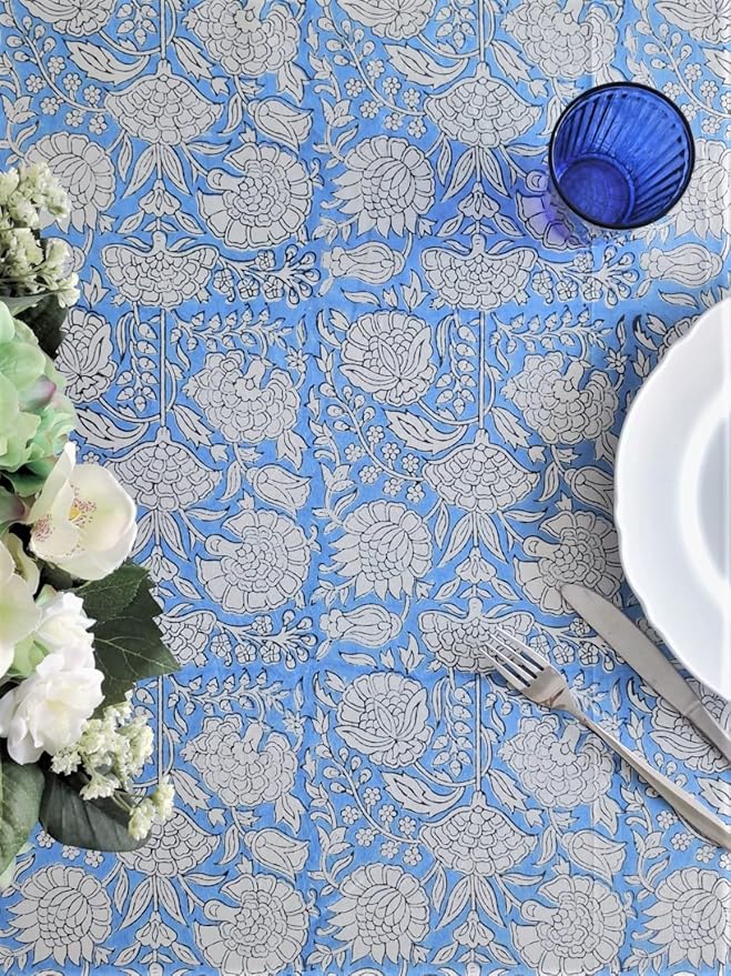 ATOSII Azora Blue 100% Cotton Rectangle Fall Tablecloth, Handblock Floral Print Linen Table Cloth for Kitchen Dining I Parties, Outdoors, Christmas, Thanksgiving I 72 X 108 Inches I 8 Seater