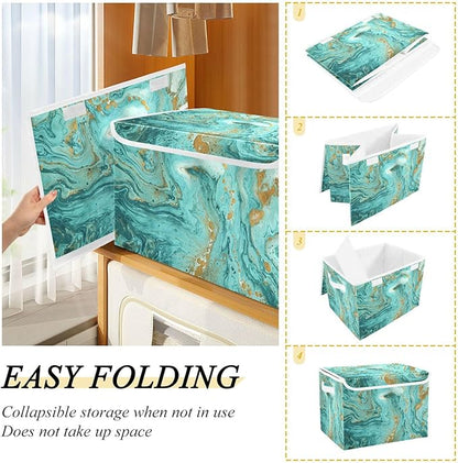 Senya Collapsible Storage Bins with Lids, Golden and Turquoise Marble Teal Storage Boxes for Organizing