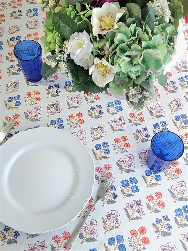 ATOSII Flora Bloom 100% Cotton Square Boho Fall Tablecloth, Handblock Floral Table Cloth Linen for Kitchen Dining I Parties Wedding Outdoors Christmas Thanksgiving I Fall Home Decor 60 X 60 Inches