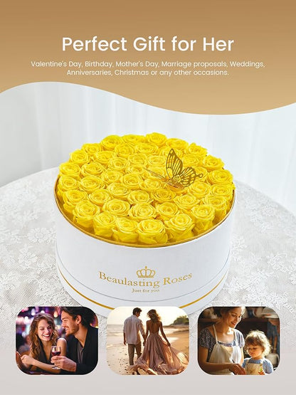 Preserved Roses Forever Flowers Real Roses in a Box Mother's Day Birthday Flowers for Her Mom Women Wife Valentine's Day, Yellow, 47 Piece