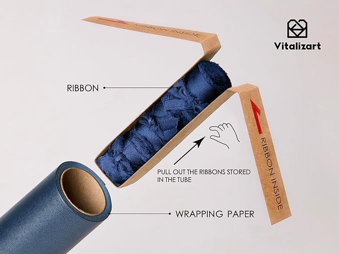 Vitalizart Blue Wrapping Paper Set 17" Pearly-Lustre With Silk Like Satin Ribbon & Gift Tags Recyclable Christmas Gift Wrapping Birthday Baby Shower Wedding Handmade Crafts 197"(16.4 Ft)