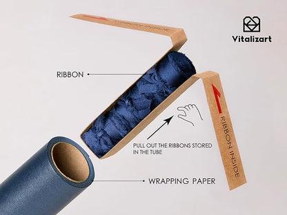 Vitalizart Blue Wrapping Paper Set 17" Pearly-Lustre With Silk Like Satin Ribbon & Gift Tags Recyclable Christmas Gift Wrapping Birthday Baby Shower Wedding Handmade Crafts 197"(16.4 Ft)