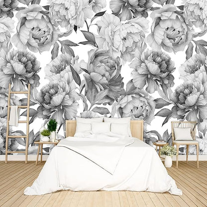 Grey Peony Floral Wallpaper Bedroom Black and White Botanical Flowers Leaf murals Aesthetic Room Decor Living Room tv Background Large Wall Mural - 183"x120" Not Peel and Stick