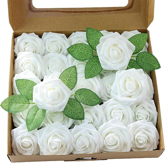 Meldel Artificial Flower 50pcs Real Looking White Rose Fake Foam Roses with Stems for DIY Wedding Bouquets Gifts Bulk Crafts Faux Floral Centerpieces Arrangements Party Home Tables Decorations