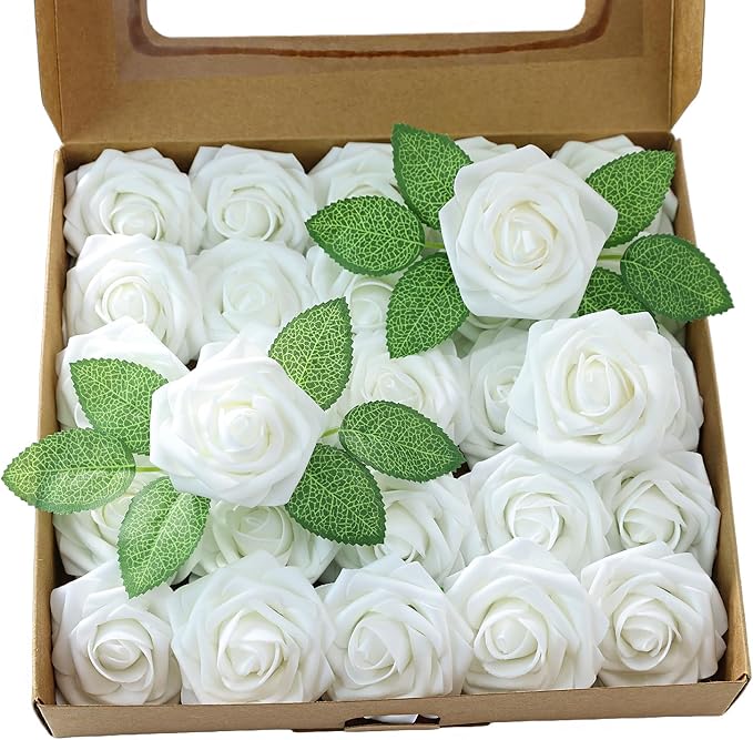 Meldel Artificial Flower 25pcs Real Touch Ivory Fake Foam Roses with Stems for DIY Wedding Bouquets Gifts White Bridal Shower Faux Floral Centerpieces Arrangements Home Party Tables Decorations