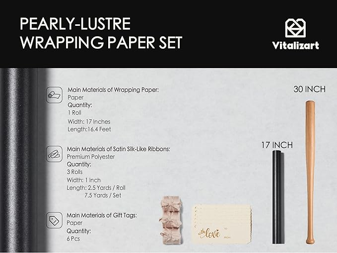 Vitalizart Black Wrapping Paper Set 17" Pearly-Lustre With Silk Like Satin Ribbon & Gift Tags Recyclable Christmas Gift Wrapping Birthday Baby Shower Wedding Handmade Crafts 197"(16.4 Ft)