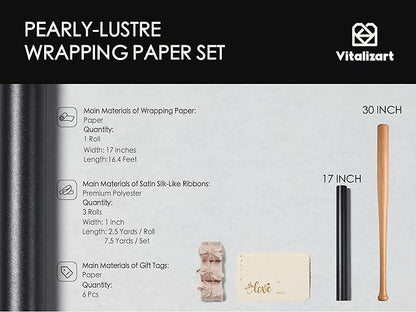 Vitalizart Black Wrapping Paper Set 17" Pearly-Lustre With Silk Like Satin Ribbon & Gift Tags Recyclable Christmas Gift Wrapping Birthday Baby Shower Wedding Handmade Crafts 197"(16.4 Ft)