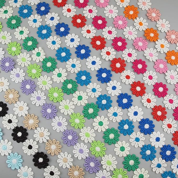 15 Yards Daisy Flower Lace Trim Embroidered Floral Lace Sewing Trim Ribbons for Embellishment Craft Dress Hair Accessories Decorations (Yellow/Pink/Green/Orange, 1" x 15 Yards)