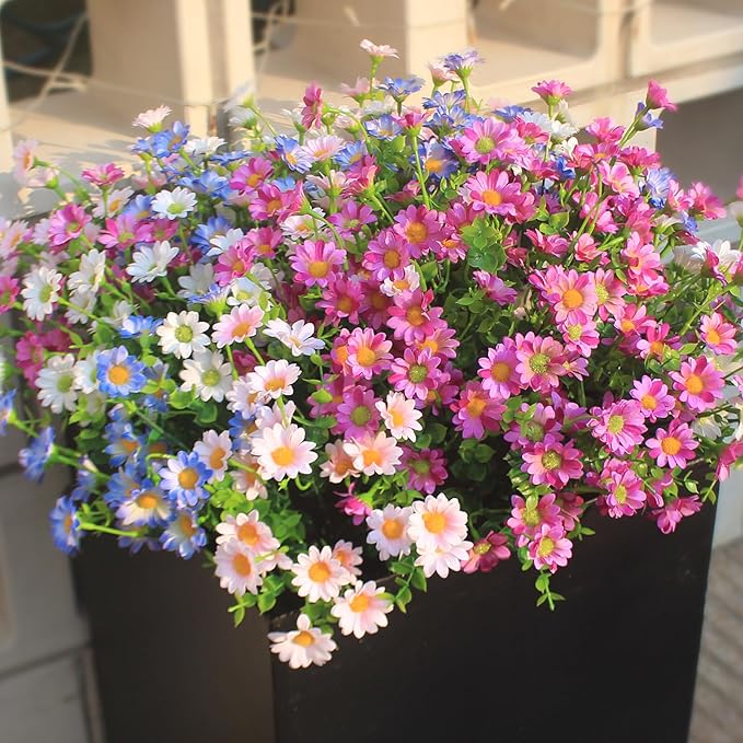 Artificial Flowers for Outdoors Colorful Daisy 20 Bundles Faux Plant Outdoor Spring Summer Decor Realistic Fake Plants Outside for Planters Front Porch Backyard Decor (20 Bundles 5 Colors)