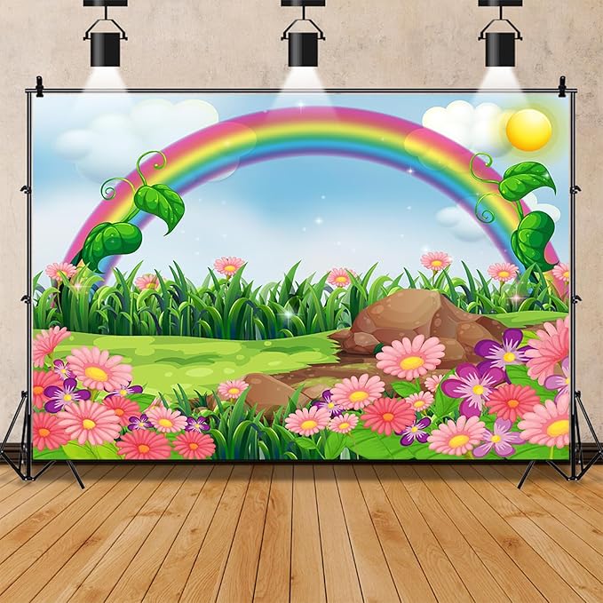 AOFOTO 12x8ft Cartoon Spring Flowers Rainbow Backdrop Meadow Sweet Floral Blossom Sky Sun Enchanting Garden Scenery Background for Kids Baby Shower Birthday Party Decor Wallpaper Photoshoot Props