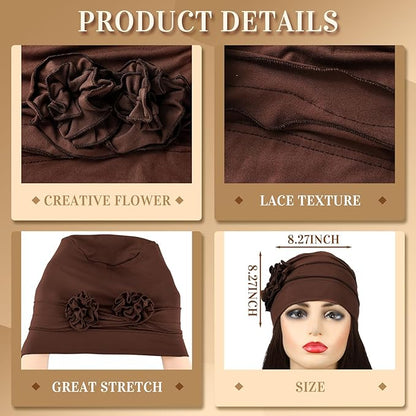 JenPen 6 Pcs Chemo Headwear for Women Stretchy Soft Turbans for Cancer Solid Beanie Flower Chemo Caps for Hair Loss