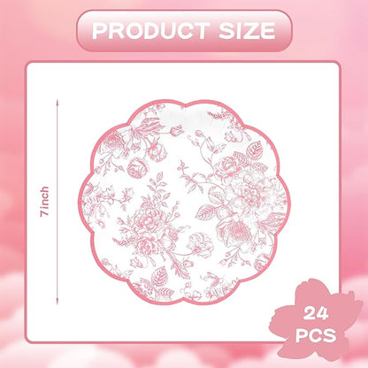 Pink Floral Party Plates Vintage Floral Leaf Disposable Paper Plates Wildflower Pink Toile 7" Scalloped Rim Dessert Plates for Valentines Birthday Bridal Tea Party Supplies (24)