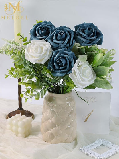 Meldel Artificial Flowers 25pcs Real Looking Dutch Blue Dusty Blue Foam Fake Roses with Stems for DIY Wedding Bouquets Bridal Shower Centerpieces Floral Arrangements Home Decorations