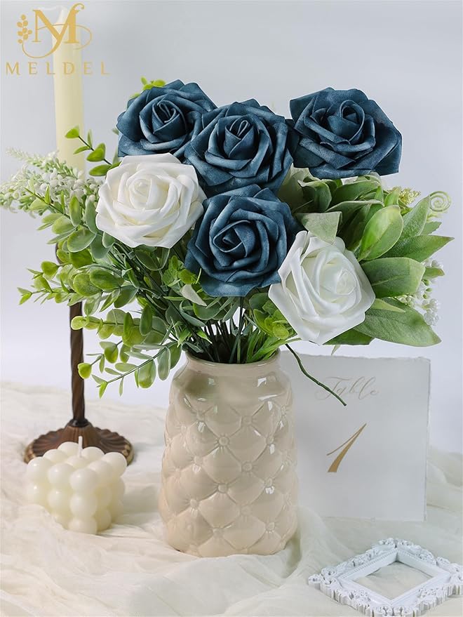 Meldel Artificial Flowers 50pcs Real Looking Dutch Blue Dusty Blue Foam Fake Roses with Stems for DIY Wedding Bouquets Bridal Shower Centerpieces Floral Arrangements Home Decorations Crafts Gifts