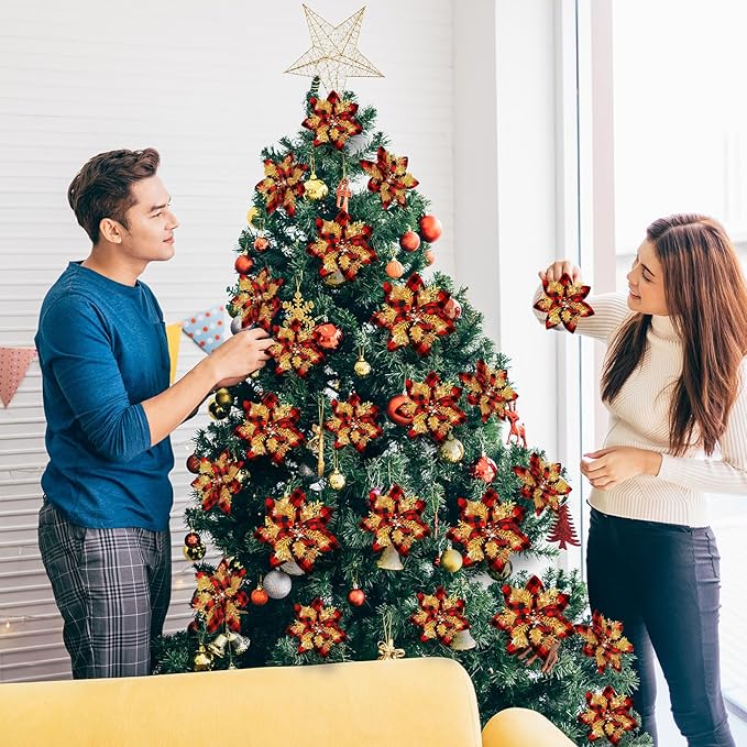 36 Pcs Christmas Glitter Artificial Poinsettia Flowers Xmas Poinsettia Artificial Wedding Flowers Decorations Xmas Tree Ornaments with Clips for Party, 6 Inch, 4 Inch, 3 Inch(Red, Black, Gold)