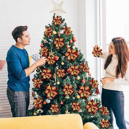 36 Pcs Christmas Glitter Artificial Poinsettia Flowers Xmas Poinsettia Artificial Wedding Flowers Decorations Xmas Tree Ornaments with Clips for Party, 6 Inch, 4 Inch, 3 Inch(Red, Black, Gold)