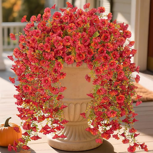 Artificial Fall Hanging Flowers for Decoration, 2pcs Long Vine Fake Mums Flowers Plants Morning Glory, Realistic Faux Petunias for Planter Patio Porch Garden Autumn Outdoors Dec, Red