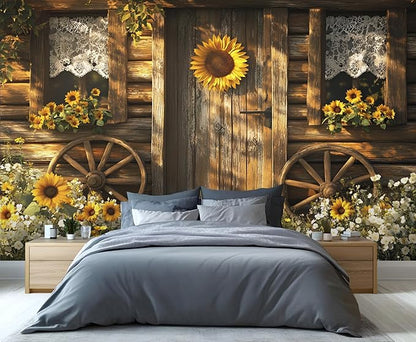 Rustic Cabin Sunflower Wall Mural, Vintage Cottage Door Sunflower 3D Wall Murals, Farmhouse Nature Wallpaper Mural, for Living Room Bedroom Large Wallpaper Indoor Decor 169.3" W x118.2 H