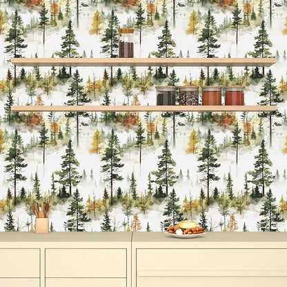 Autumn Forest Wallpaper Peel and Stick, Green/Yellow Pine Trees Contact Paper,Woodland Landscape Wall Mural Self Adhesive Waterproof Removable for Bathroom Shelves Cabinet Drawer Table 17.5" x 118"