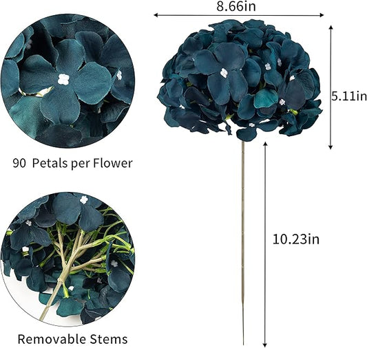 DuHouse Silk Hydrangea Artificial Flower Heads with Stems Fake Hydrangeas Flowers for DIY Wedding Centerpiece Home Decor,Pack of 6(Peacock Blue)