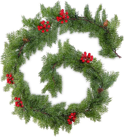 6FT Christmas Garland Faux Cypress Pine Cedar Garland with 20 LED Lights, Holiday Garland for Home, Wedding, Party Decorations