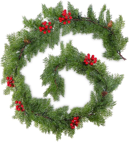6FT Christmas Garland Faux Cypress Pine Cedar Garland with 20 LED Lights, Holiday Garland for Home, Wedding, Party Decorations