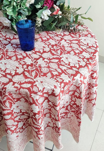 ATOSII Meraki Red 100% Cotton Round Tablecloth, Handblock Print Floral Table Cloth for Kitchen Dining Linen I Parties, Weddings, Outdoors I 90" Inches Round