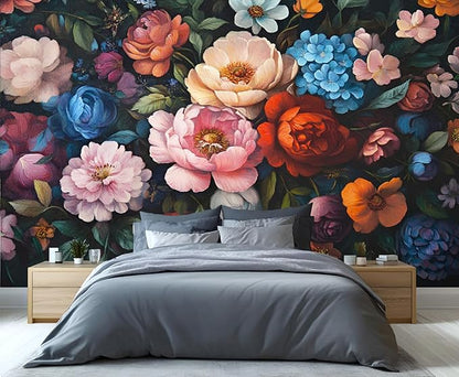 Vintage Peony Floral Wall Mural, Oil Painting Dutch Flower 3D Wall Murals, Romantic Dark Botanical Wallpaper Mural, for Living Room Bedroom Large Wallpaper Indoor Decor 137.8" W x100 H