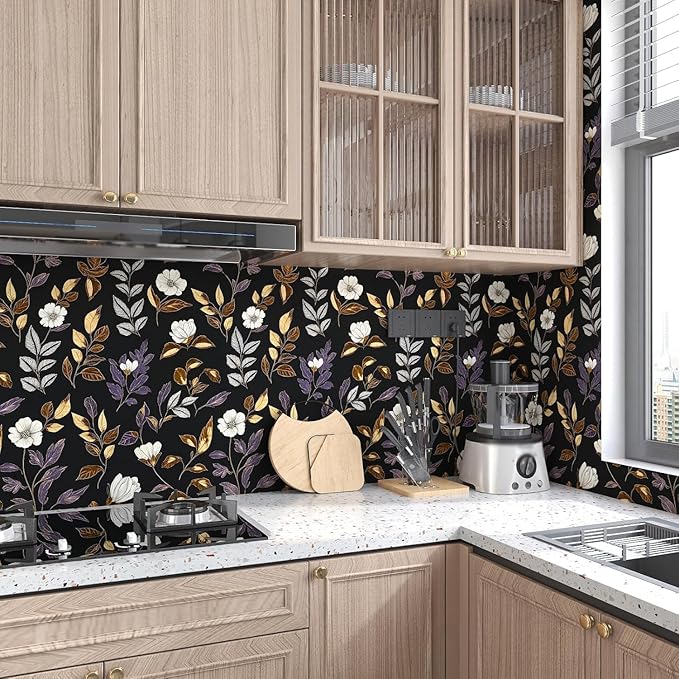 Dark Floral Wallpaper Peel and Stick Vintage Gold Leaf Contact Paper Black Floral Wallpaper Waterproof Self-Adhesive Wall Covering for Bedroom Countertop Desk Cabinets 17.4" x 118"