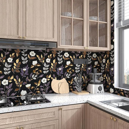 Dark Floral Wallpaper Peel and Stick Vintage Gold Leaf Contact Paper Black Floral Wallpaper Waterproof Self-Adhesive Wall Covering for Bedroom Countertop Desk Cabinets 17.4" x 118"
