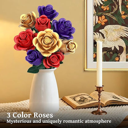 Rose Bouquet Flowers Building Set, 501Pcs Red Purple Golden Roses Artificial Flowers Botanical Collection Compatible with Lego Flowers Home Office Table Decor Valentines Day Xmax Gifts for Mom Women