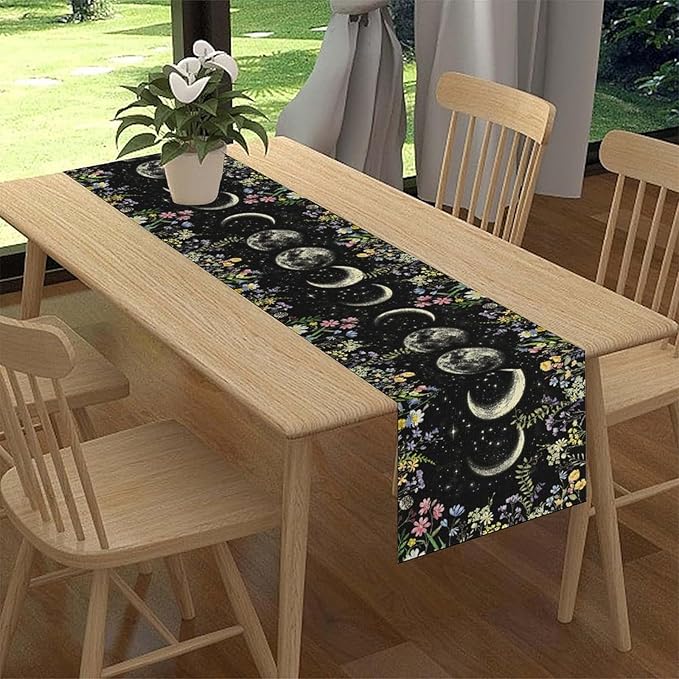 Wild Floral Table Runner, Boho Spring Gothic Moon Phase Wildflower Mystical Witchy Farmhouse Coffee Table Center Decor for Home Kitchen Dining Patio Holiday Party Table Decorations 13x90 inches