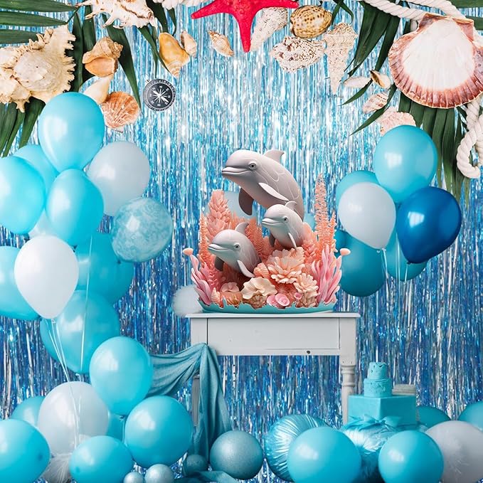 GOER 6.4 ft x 8.2 ft Metallic Tinsel Foil Fringe Curtains,Pack of 2 Party Streamer Backdrop for Birthday,Graduation Decorations and New Year Eve (Light Blue)
