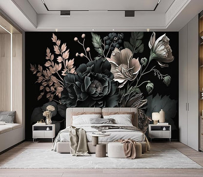 Eierme-Black Background with Flowers and Leaves Mural Wallpaper Peel and Stick 90" x 67"