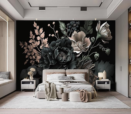 Eierme-Black Background with Flowers and Leaves Mural Wallpaper Peel and Stick 90" x 67"