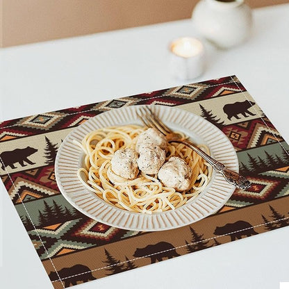 Rustic Lodge Bear Placemats Set of 6, Vintage Cabin Pine Cone Plaid Place Mats, Heat Resistant Non Slip Cotton Linen Dining Table Mats for Home Kitchen Party 18x12 Inch
