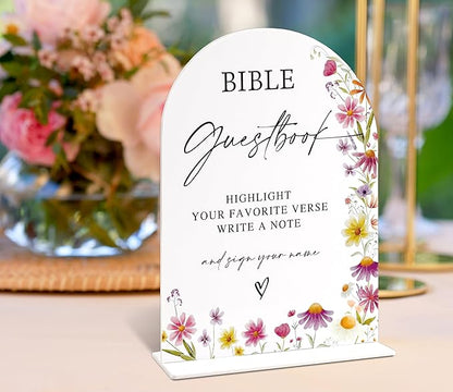 Bible Guest Book Sign for Wedding Table Decor, Wild Flower Arch Acrylic Wedding Signs for Reception, Love Is In Bloom Bridal Shower Floral Engagement Party Decorations, 6x8 Inch