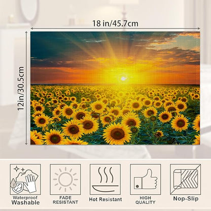 Sunflower Fields Placemats Set of 6,Sunset Sunrise Linen Washable Kitchen Dining Table Mats Heat Resistant Place Mats for Home Party Indoor Holiday 12x18 Inch
