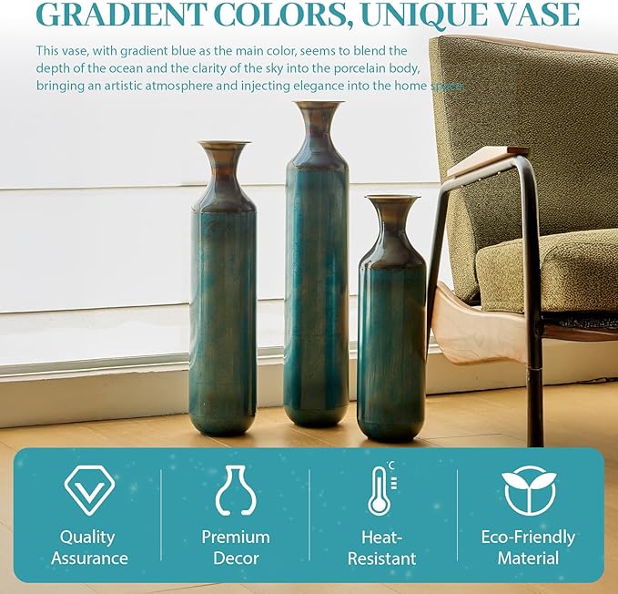 Floor Oversized Gold Metal Decorative Vase with 3D Triangle Pattern Set of 3 Large Vases for Home Living Room 33.5 ", 29.5 ", 25.2" High (Aqua Blue)