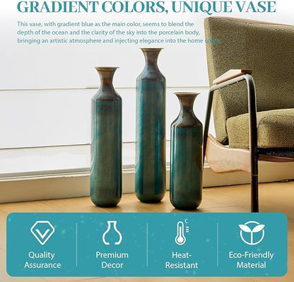 Floor Oversized Gold Metal Decorative Vase with 3D Triangle Pattern Set of 3 Large Vases for Home Living Room 33.5 ", 29.5 ", 25.2" High (Aqua Blue)