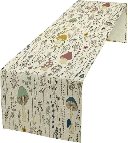 Mushroom Table Runner,Colorful Wild Plants and Fungus Botanical Plants Pattern Print Burlap for Hotel Indoors Outdoor Dining Room Kitchen Holiday Party, 13x60in