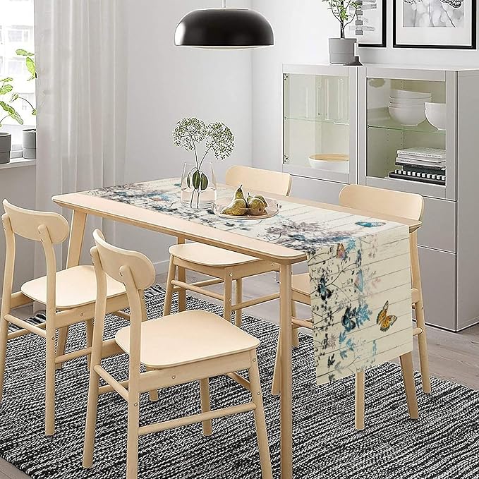 Nature Dandelion Table Runner,Rustic Floral Wood Plank Butterfly Girl Women Pattern Print Burlap Tablecloth for Hotel Indoors Outdoor Dining Room Kitchen Table Decor, 13x108in