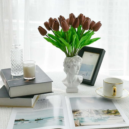 Mandy's Artificial Tulips 20 Stems Brown PU Faux Flowers for Thanksgiving and Christmas Decorations Wedding Home Decor 13.5 Inch