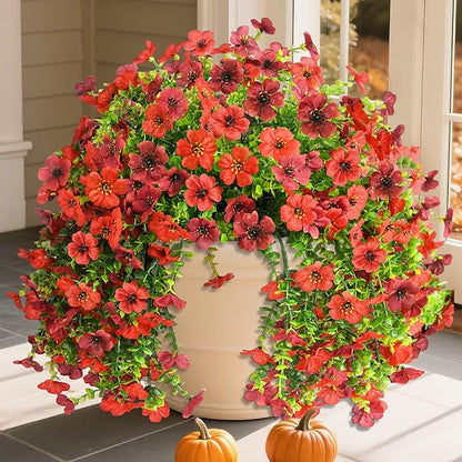 Artificial Fake Flowers Plants for Outdoor Fall Decoration, 2PCS Faux Mums Flowers for Outside UV Resistant Realistic for Porch Patio Garden Yard Balcony Home Decor(Red Brown)
